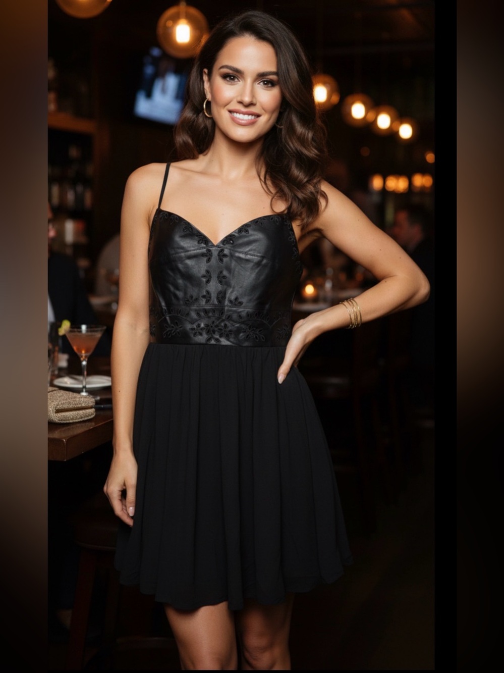 Vintage Venus Elegant Black Leather Spaghetti Strap Dress